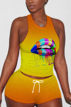 Yellow Polyester Fashion Active adult Patchwork Print Bandage Lips Print Straight Sleeveless Two Pieces