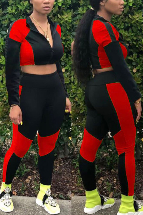 Red Sexy Sportswear Solid Patchwork O Neck Long Sleeve Two Pieces