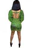 Green Casual adult Fashion backless Leopard Two Piece Suits Print Hip skirt Long Sleeve Two-Pie