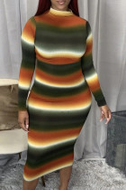 Stripe Fashion Casual Adult Polyester Striped Split Joint O Neck Long Sleeve Mid Calf One-piece Suits Dresses