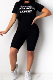Black Fashion Sexy Letter Two Piece Suits pencil Short Sleeve Two Pieces