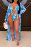 Blue Sexy Print Patchwork Swimwears