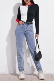 Black Red Casual Solid Patchwork O Neck Tops