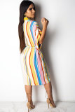 White Polyester Sexy Fashion Cap Sleeve Short Sleeves V Neck A-Line Knee-Length Print Striped Patchwork as