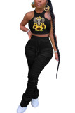 Black Polyester Fashion adult Ma'am Street Print Draped Two Piece Suits Straight Sleeveless Two Pieces