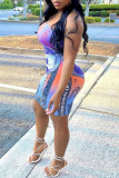 Deep Blue Sexy Print Patchwork Strapless Sheath Dresses