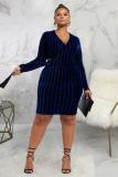 Blue Polyester Sexy Cap Sleeve Long Sleeves V Neck Asymmetrical Knee-Length Solid Patchwork Club Dresses