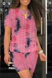 Pink Casual Patchwork Tie-dye O Neck Short Sleeve Two Pieces