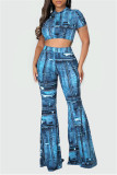 Deep Blue Fashion Casual Print Basic O Neck Short Sleeve Two Pieces