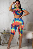 Red Sexy Fashion Hole Print Tie Dye Patchwork Regular Short Sleeve Two-Piece Short Set