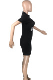 Black Fashion Casual Letter Print Basic Turtleneck Skinny Romper