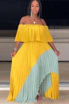 Yellow Polyester Sexy Fashion Off The Shoulder Short Sleeves One word collar Pleated Floor-Length split asy