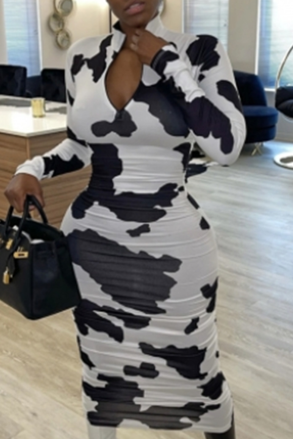Black Casual Print Patchwork Zipper Collar Pencil Skirt Dresses