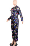 Black venetian Casual Patchwork Print Two Piece Suits Straight Long Sleeve Two-piece Pants Set