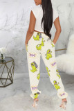 White Cotton Drawstring Mid Print Character Straight Pants Bottoms