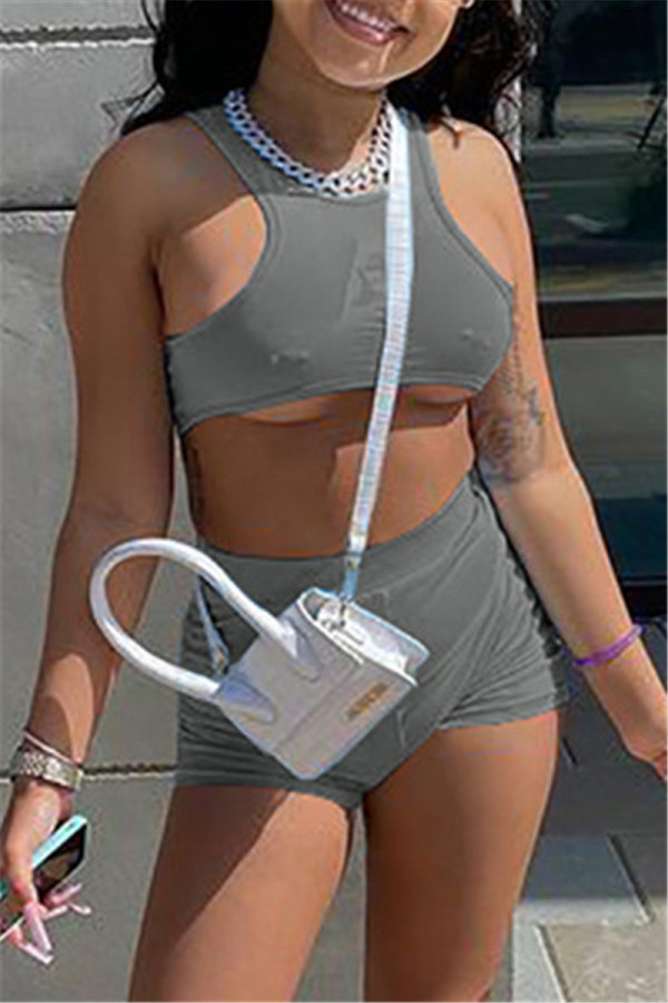 Grey Casual Sportswear Solid Basic O Neck Sleeveless Two Pieces