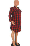 Red Polyester Casual Shirt sleeves Long Sleeves Turndown Collar Step Skirt Knee-Length Plaid Long Sleev