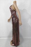 Champagne Fashion Sexy Solid Backless Slit Spaghetti Strap Evening Dress