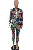 Multi-color Elastic Fly Long Sleeve Mid Print Patchwork pencil Pants Two-piece suit