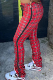 Red Casual Plaid Patchwork Skinny Small Elastic High Waist Pencil Bottoms