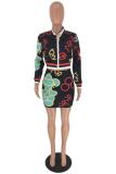 Black Polyester adult Casual Fashion Zippered Print Two Piece Suits Hip skirt Long Sleeve Two-Piece Dress