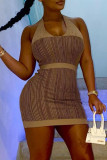 Brown Fashion Patchwork Backless Halter Sleeveless Dress