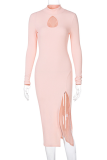 Pink Sexy Solid Split Joint High Opening Turtleneck Pencil Skirt Dresses