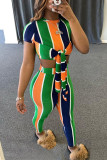 Colour Fashion Casual Striped Print Frenulum O Neck Short Sleeve Two Pieces