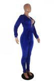 Blue Sexy Fashion Solid Backless bandage Hollow Long Sleeve V Neck Jumpsuits