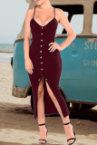 Blue Sexy Solid Buttons Spaghetti Strap Sheath Dresses