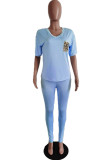 Blue Milk Silk Fashion Active adult Ma'am Patchwork Two Piece Suits pencil Short Sleeve Two Pieces