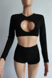 Black Sexy Solid Hollowed Out V Neck Long Sleeve Two Pieces