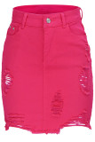 rose red Denim Zipper Fly Button Fly High Asymmetrical Patchwork washing Hole A-line skirt Skirts