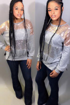 Grey O Neck Sequin Patchwork Polyester Patchwork Long Sleeve Sweats & Hoodies