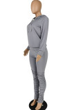 Grey Fashion Casual Adult Twilled Satin Solid Split Joint Draw String Hooded Collar Long Sleeve Regular Sleeve Regular Two Pieces