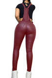 Wine Red Fashion Sexy Adult Faux Leather Solid Split Joint Spaghetti Strap Skinny Jumpsuits