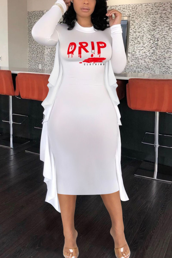 White Sexy Print O Neck Pencil Skirt Dresses