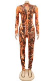 Orange Casual Print Zipper O Neck Regular Jumpsuits