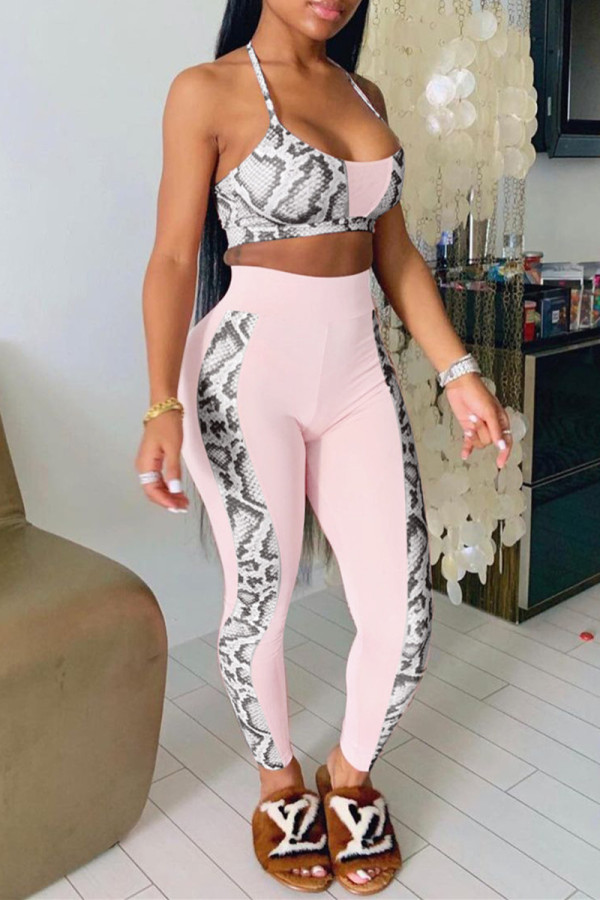 Pink Fashion Sexy Print Patchwork Backless Halter Sleeveless Two Pieces