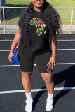 Black Fashion Casual Print Basic O Neck Short Sleeve Two Pieces