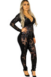 Black Sexy Solid Backless perspective Long Sleeve V Neck