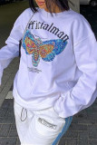 White Fashion Casual Letter Butterfly Print Basic O Neck Tops