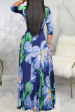 Blue Fashion Sexy Adult Polyester Print Split Joint V Neck Nine Points Sleeve Floor Length Printed Dress Dresses