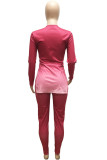 Pink Elegant Gradual Change Print O Neck Long Sleeve Two Pieces
