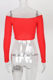 White Red Black Blue Pink Orange One word collar Long Sleeve Solid Tops