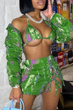 Purple Fashion Sexy Print Strap Design Long Sleeve Three-piece Set
