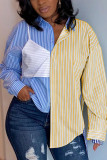 blue and yellow Fashion Casual Striped Print Split Joint Shirt Collar Tops
