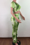 Green Polyester Fashion Casual adult Ma'am Print Draped Two Piece Suits pencil Short Sleeve Two Pieces