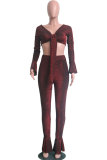 Red Polyester Elastic Fly Long Sleeve Mid Solid Boot Cut Pants Two-piece suit