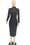 Black Fashion Daily Adult Solid Half A Turtleneck Long Sleeve Mid Calf One-piece Suits Dresses